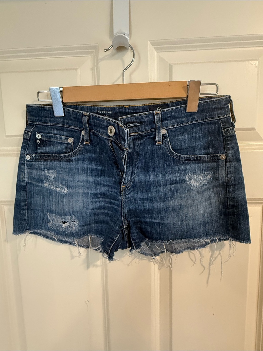 AG Adriano Goldschmied Frayed Hem Distressed Denim Shorts - Dark Blue